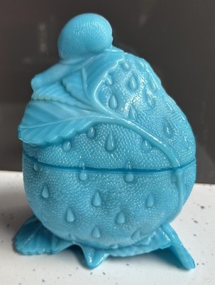 Vintage PORTIEUX VALLERYSTHAL Opaline Aqua Blau Erdbeerblatt Muster Schale Deckel