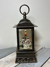 Vintage Snowman Family Snow Globe Lantern 10.75" Lighted Swirling Glitter MCM