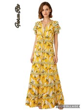 FARM Rio Yellow Tropical Banana-Print Tiered Maxi Dress with Ruffle Layers