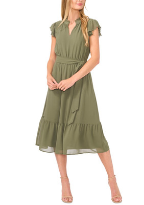 CeCe Women Scallop Ruffle Midi Dress Dark Clover Size L (NewDefect)