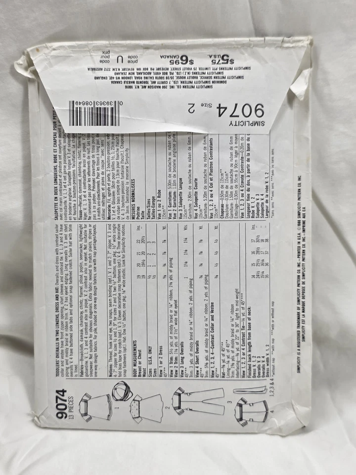 Simplicity Pattern #9074 UNCUT Vintage 1988 Toddler Overalls Dress Hat Sz 2  - Image 2 of 3