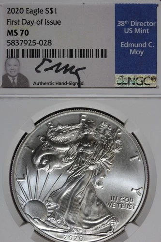 2020 NGC MS70 FIRST DAY OF ISSUE AMERICAN SILVER EAGLE EDMUND C MOY #B51992