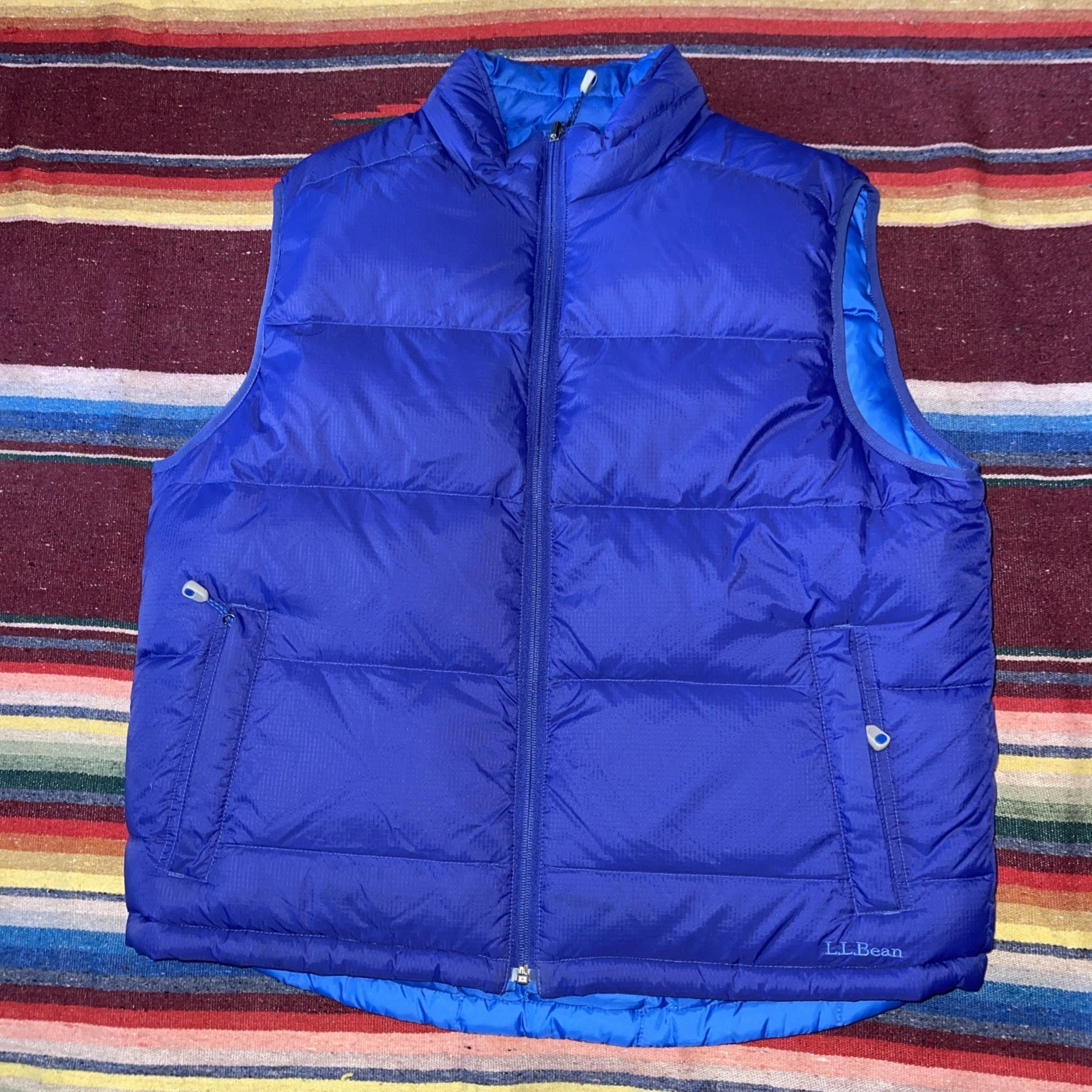 LL Bean Goose Down Puffer Vest Mens Large Blue Pockets Zip Quilted