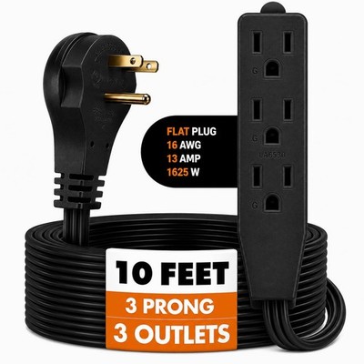 Bindmaster Flat Plug Extension Cord 10 FT Black 3 Outlet 3 10 Feet,