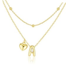 Dainty Heart Initial Necklaces 14K Gold Plated Layered Letter A Gold-Heart A.