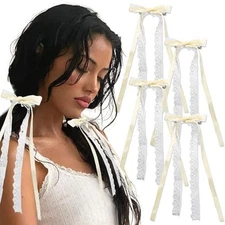 4Pcs Lace Hair Bow Clips for Women White Coquette Bows for Hair Tulle Bowknot 