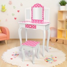 Kids Vanity Set - Princess Pink Tri-Folding Mirror Makeup Table Stool 1 Drawer