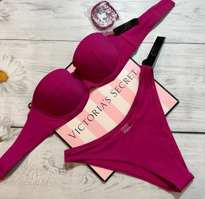 Victoria's Secret Ensemble De Bikini Bandeau Essential Uplift Rose Noir 32B - Photo 1/4