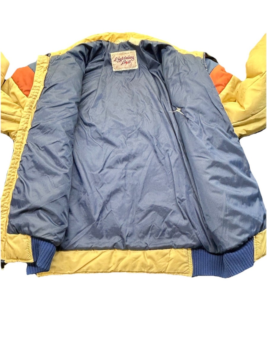 Vintage Lightning Bolt Jacket Mens M Beige Puffer Full Zip Retro