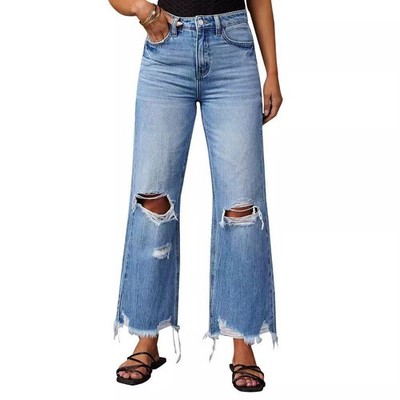 BLUEMING Womens Ripped Bell Bottom Jeans High Rise Distressed Raw Edge Fringes