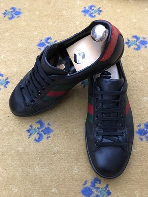 Gucci Ace Trainers Sneaker Shoes Leather Black Web Green Red Mens UK 8 US 9 42