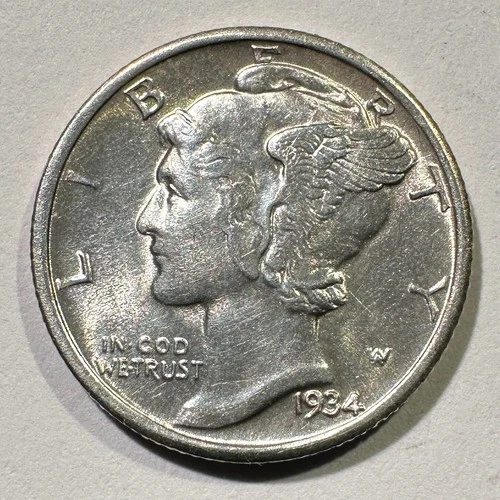 1934-D Mercury Dime Silver Strong Luster Some Hairlines High Grade Album Coin