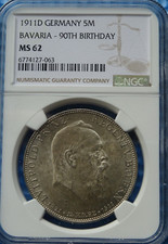 Bayern 5 Mark 1911 D 90. Geburtstag Prinzreg. Luitpold NGC MS 62! Hohes Grading!