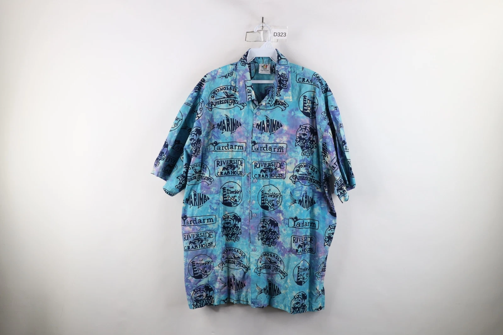 Vtg Streetwear Mens XL Acid Wash Fish All Over Print Hawaiian Luau Button Shirt