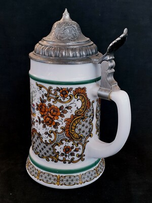 Vintage BMF milk glass German beer stein Bierkrug zinc lid 8.5