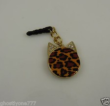 leopard spots cat head bling crysta charm cell phone or charm ear cap dust plug
