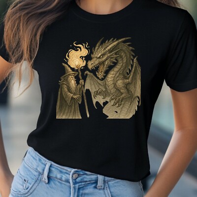 Women's Wizard and Dragon Motif Cotton T-Shirt Size S to 3XL