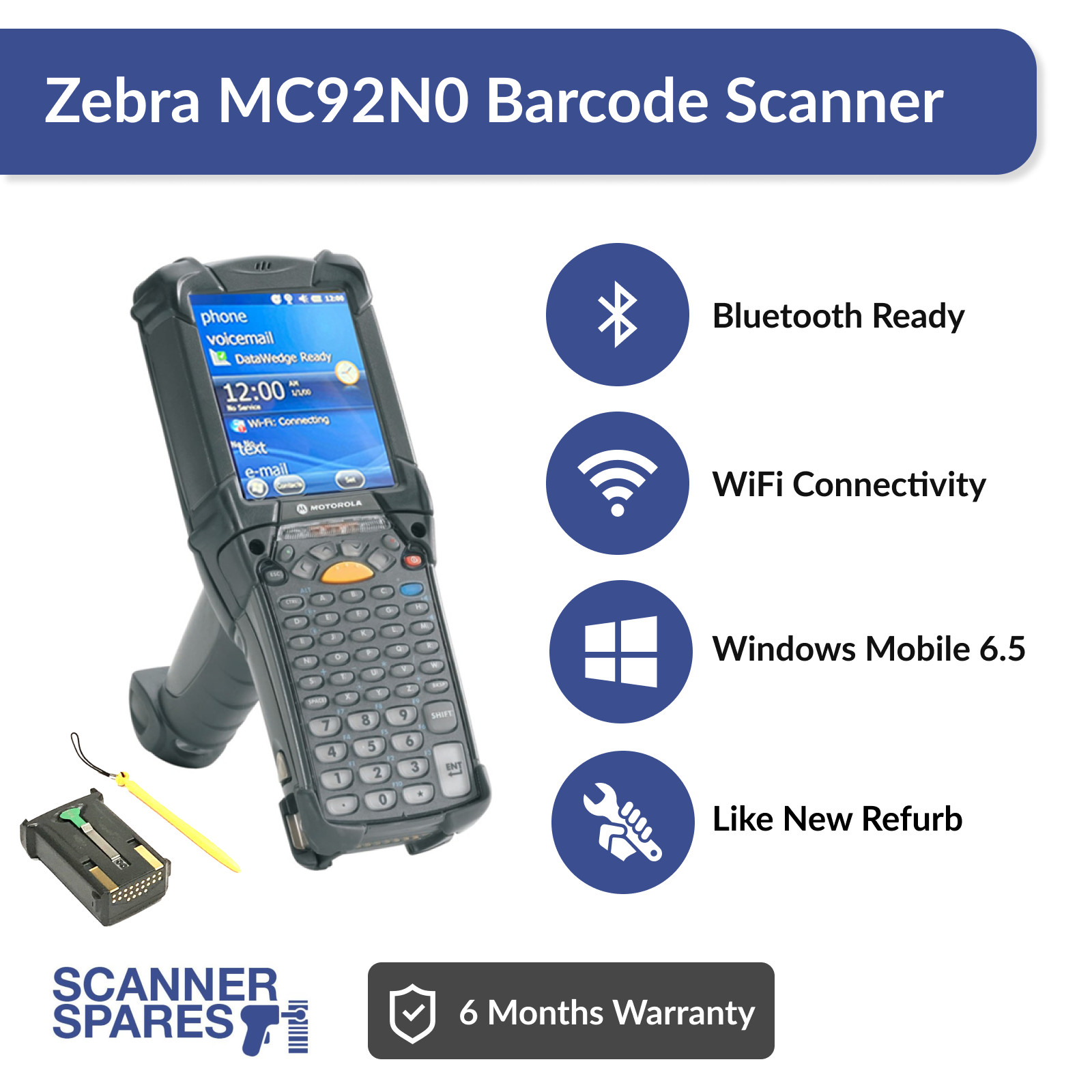 Symbol MC92N0-G90SXERA5WR 1D/2D LONG RANGE Laser Windows Mobile 6.5 NEW BATTERY