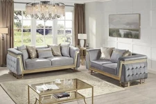 NEW 2PC Gray Gold Sofa Loveseat Luxe Velvet Contemporary Glam Living Room Set