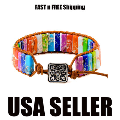 7 Chakra Yoga Bracelet Imperial Jasper Healing Stones Brown Leather Button E13