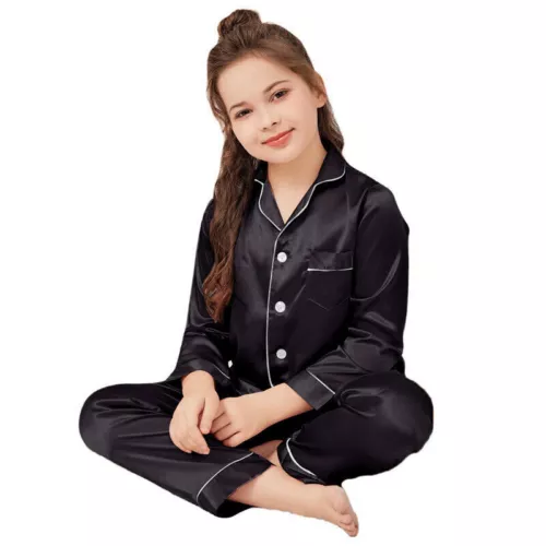 New Kids Boys Girls Silk Pajamas Long Sleeve Satin PJs Sets Nightwear Sleepwear - Picture 75 of 83