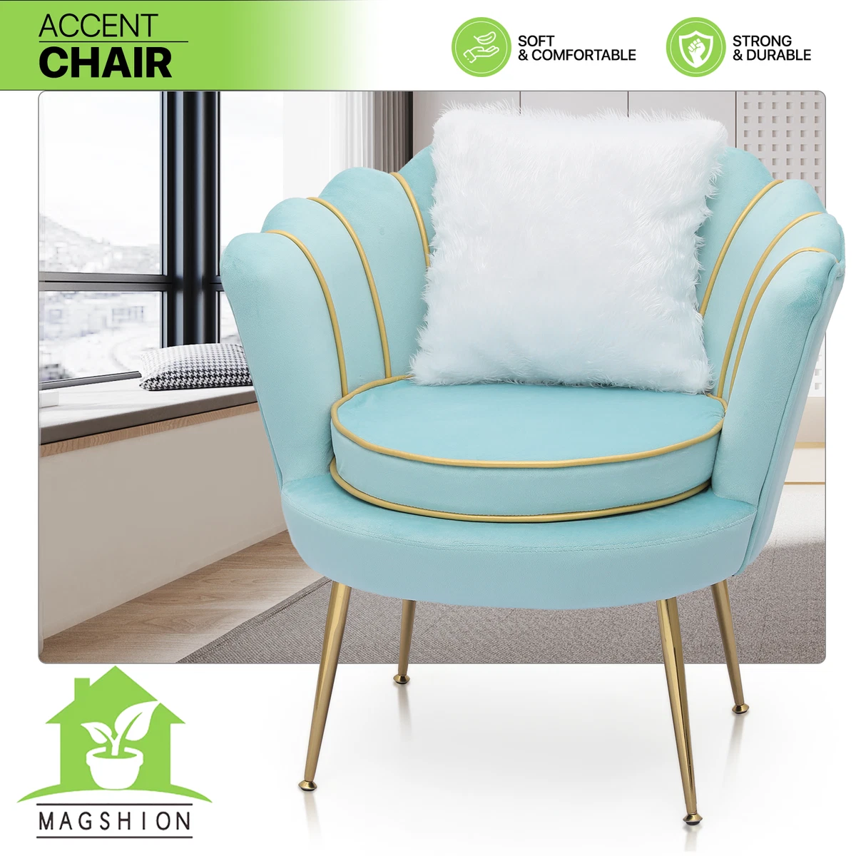 Velvet Upholstered Tufted Relaxation Chair Makeup Vanity Scalloped Back Armchair