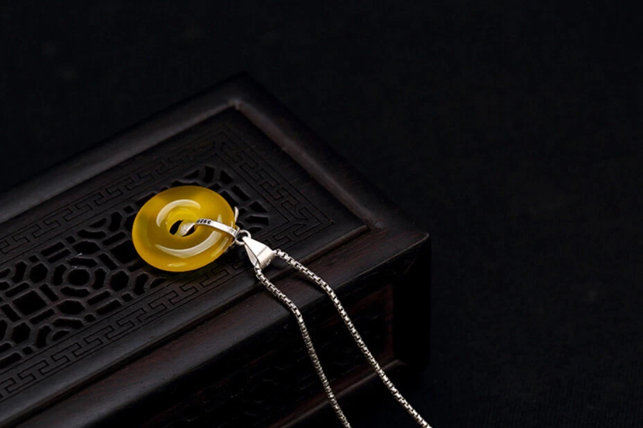 K02 Anhänger runder gelber Chalzedon mit Blumen verziert Sterling Silber 925 - Bild 3 von 3