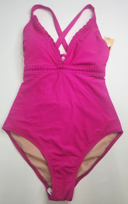 Kona Sol Womens Pink Medium Cover 1 Pc Swimsuit Size M 8-10 Crochet Shell Stitch