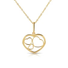14K Real Solid Yellow Gold Classic Open Heart Pendant Charm Necklace 18 in