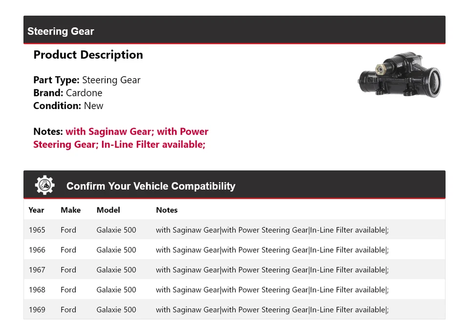 Engrenagem de direção Cardone 1966 1967 1968 Ford Galaxie 500 1965-1969 - Imagem 2 de 4