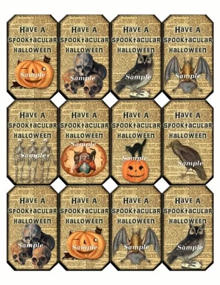 Halloween Witch Skeleton Bat Skulls Pumpkin 12 x Gift Tag Topper 2 x Options - image 1 of 3