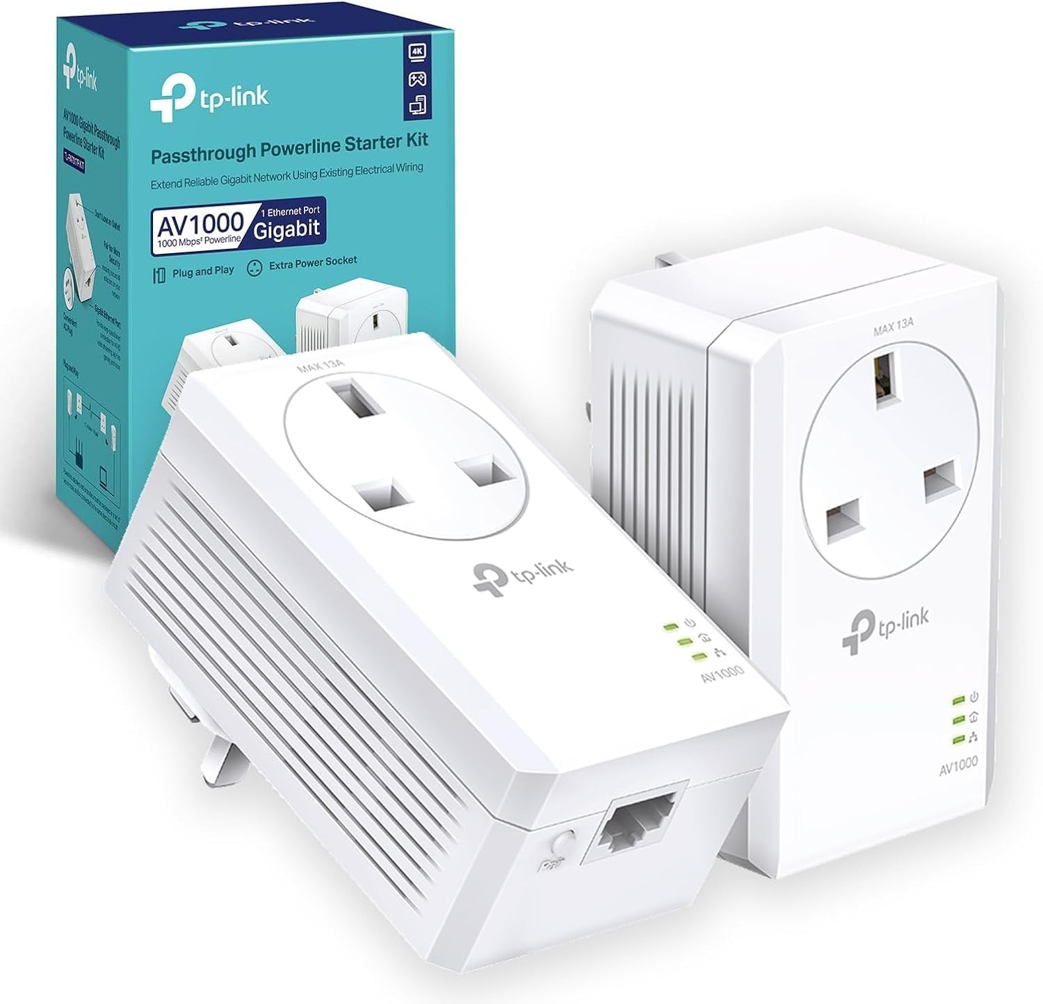 TP-Link Gigabit Passthrough Powerline Adapter Kit 1000 Mbps, UK Plug, Plug and