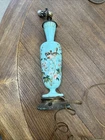 Antique Bohemian turquoise opaline glass Lamp Birds and Flower enamel decoration