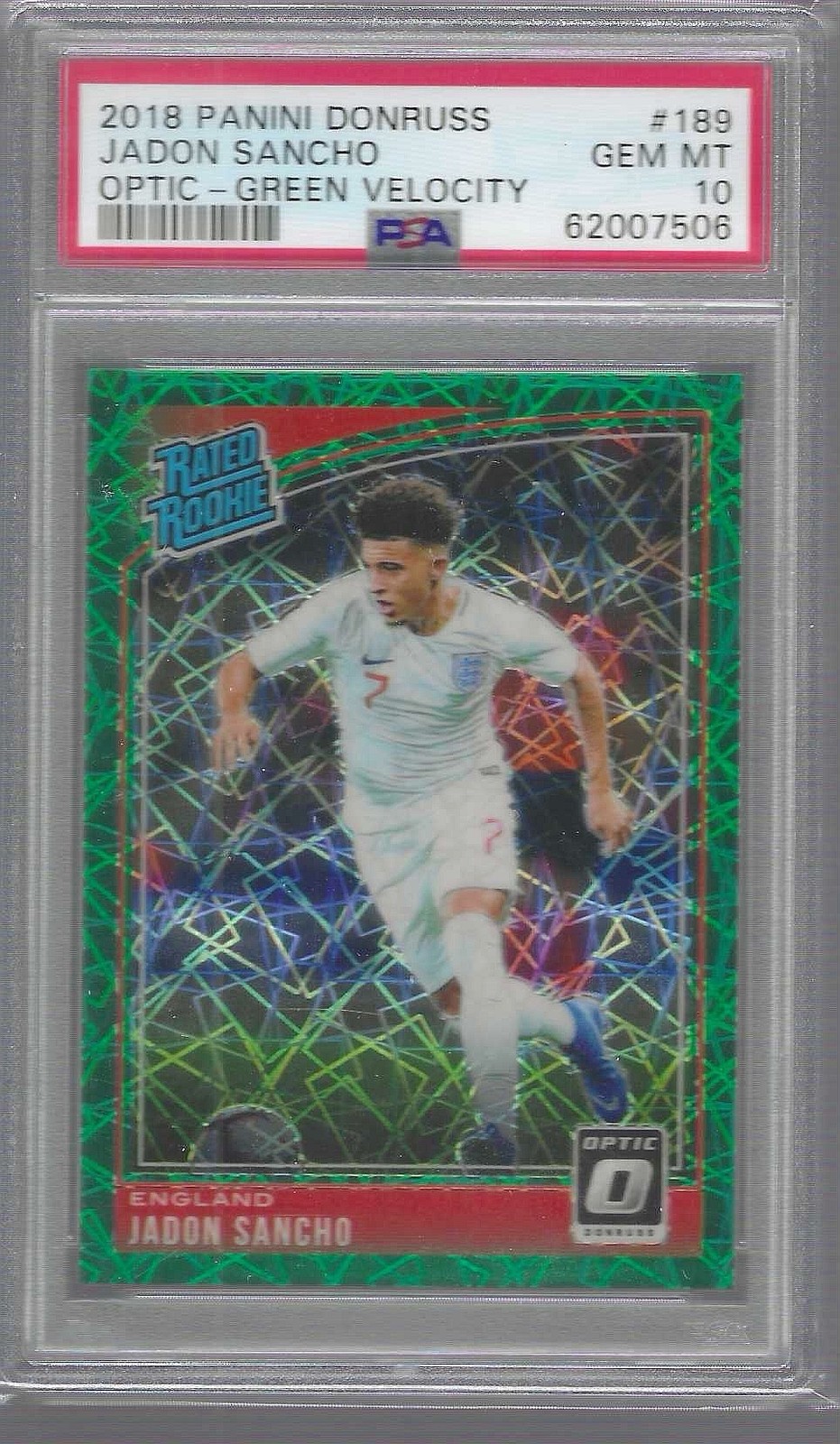JADON SANCHO 2018 PANINI DONRUSS OPTIC GREEN VELOCITY HOLO RC #D 179/200 PSA 10