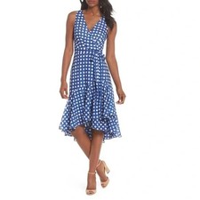 Eliza J Womens Dress Size 4 Blue Gingham Faux Wrap Sleeveless High Low V Neck