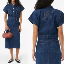 Ganni Rose Denim Midi Dress Short Sleeve Blue Jean 38 Size 6 Minimalist Western