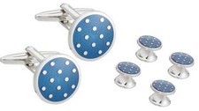 David Van Hagen Mens Polka Dot Dress Studs and Cufflinks Set - Blue/Silver