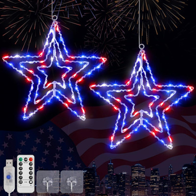 4Th of July Decorations, 2 Pack Red White and Blue Window Star Lights with 65 Le