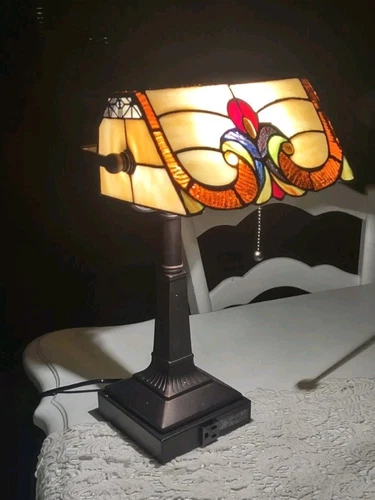 Vintage Bronze Bankers Lamp Desk Tiffany style Stained Glass Victorian Shade