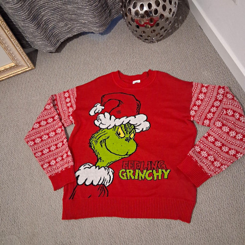 The Grinch Feeling Grinchy Kids XL Crew Neck Pullover Sweater Red Fair Isle