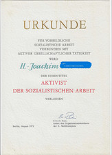 Urkunde "Aktivist der sozialistischen Arbeit" -Berlin - 10.Weltfestspiele- 1973