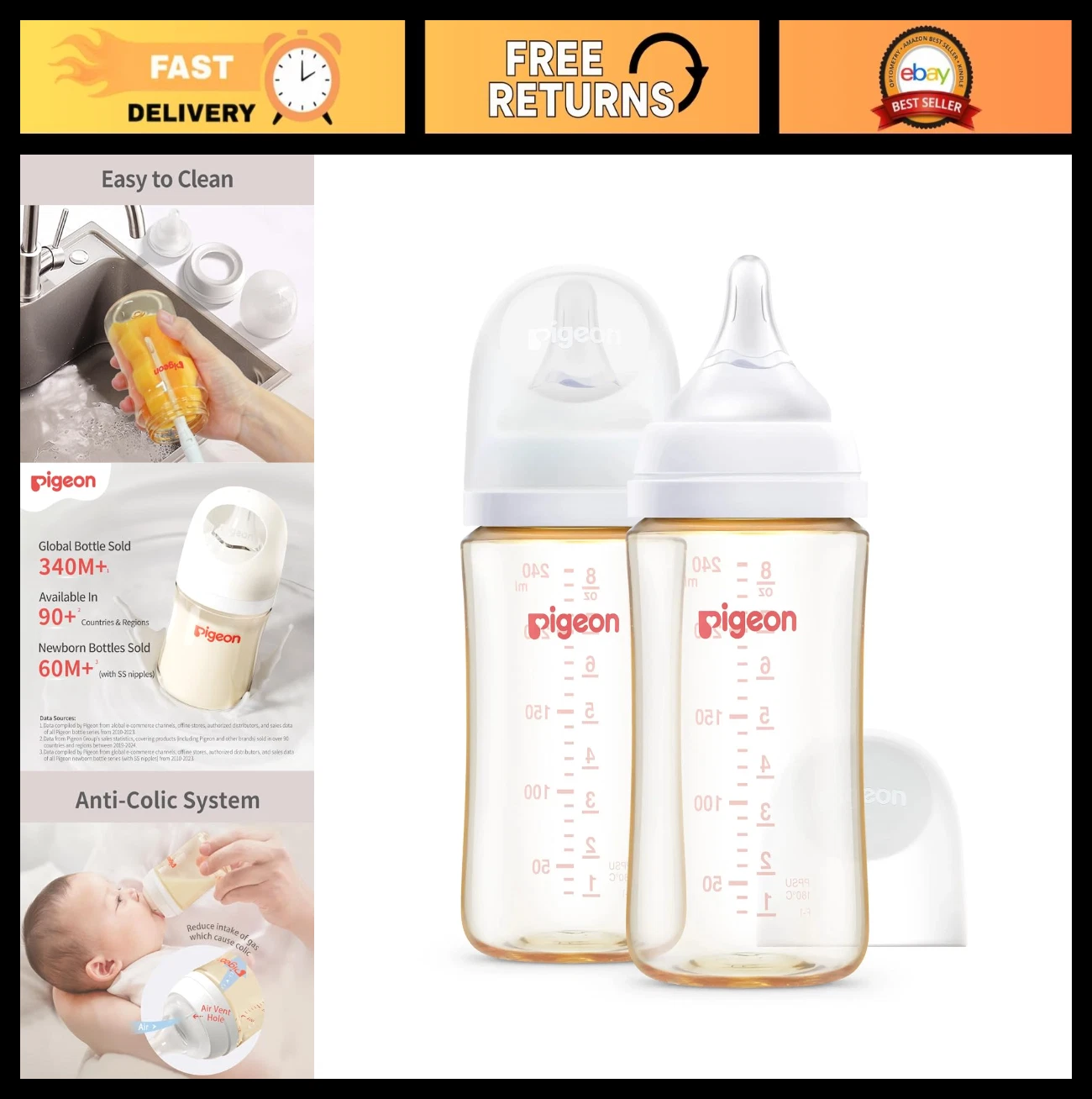 Wide Neck PPSU Baby Bottle Set, Anti-Colic, Easy Clean, Natural Feel, 8.1 Oz, 2