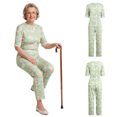 Women Dementia Adaptive Clothes Printed Short Sleeve Zipper Anti-Strip Jumpsuit