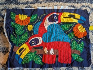 Vintage PANAMA Mola Folk Art TOUCAN BIRDS Reverse Embroidery Fabric Panel 17x12"