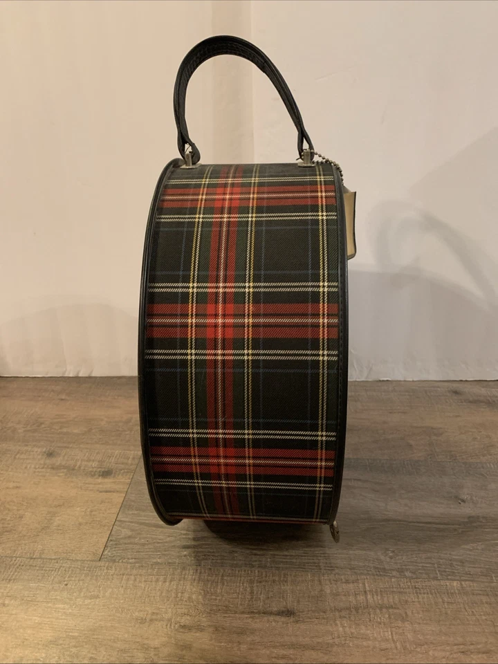 Vintage Atlantic Wig Hat Box Luggage Red Plaid Gray Satin Interior Lock W Key - Image 4 of 4