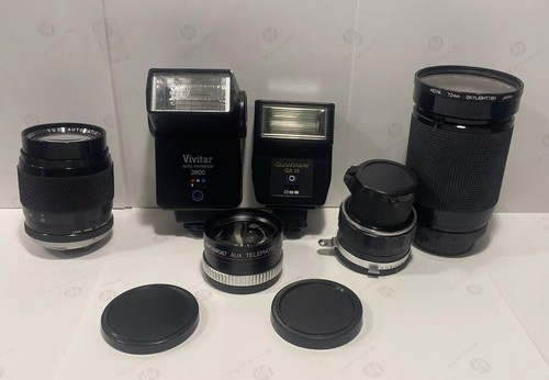 Lot Of Camera Lenses And Flashes. Vivitar 2800, Quantaray QA25, YUS Auto & More