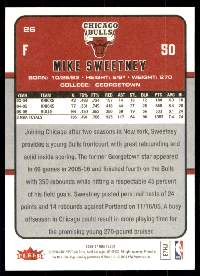 2006-07 Fleer. Mike Sweetney Chicago Bulls #26 - Image 2 of 2
