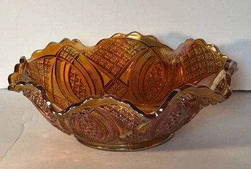 Vintage Imperial Glass Marigold Carnival Diamond Wedding Ring Fruit Ruffled Bowl