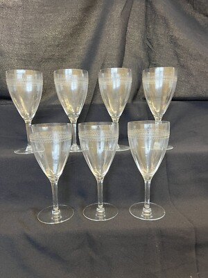 Water Goblet Tiffin Lot Of 7 14196-4 Clear Glass Etched Swirls & Bands Optic