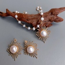 Freshwater White Pearl Necklace Earrings Set Women Anniversary Jewelry Sets Gift